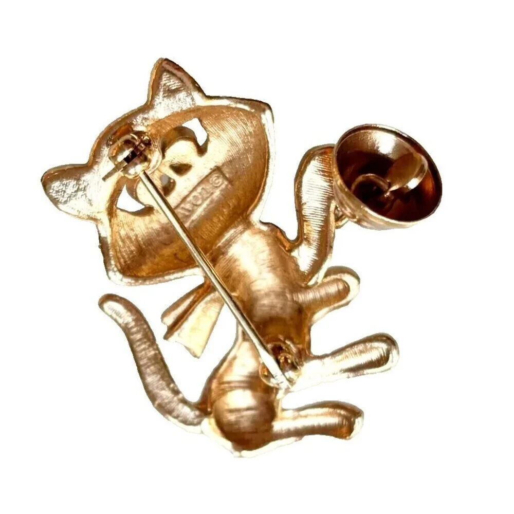 Avon Cat Brooch with Movable Bell Goldtone Blue Eyes Pin Signed Vintage